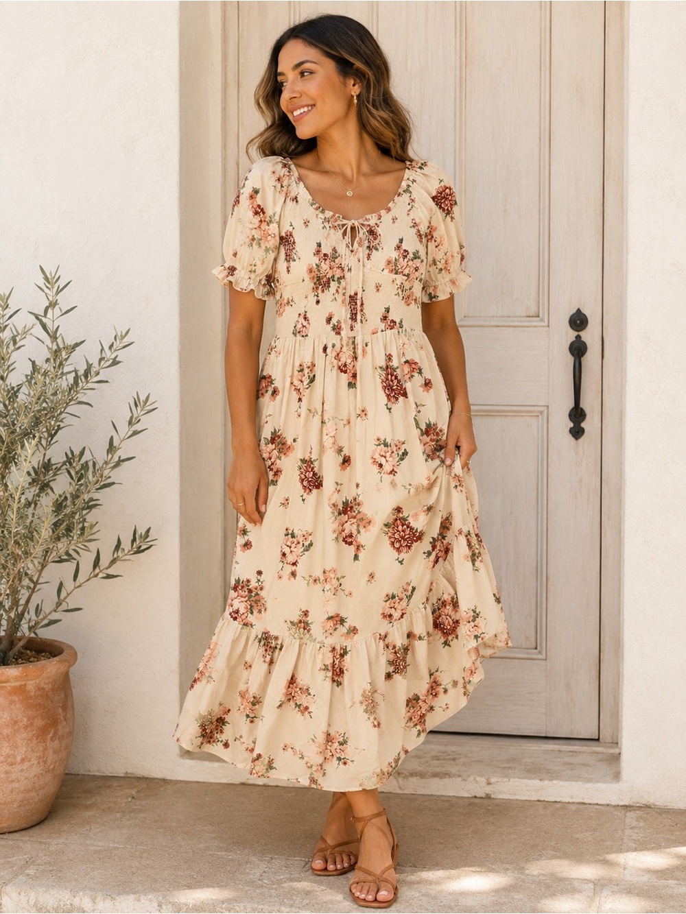 Cottagecore Prairie Western Boho-Chic Smocked Tiered Dress, Size Medium